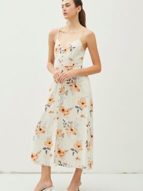 Floral Spaghetti-Strap Buttoned Midi Linen Blend Sleeveless Dress sz L in Cream
